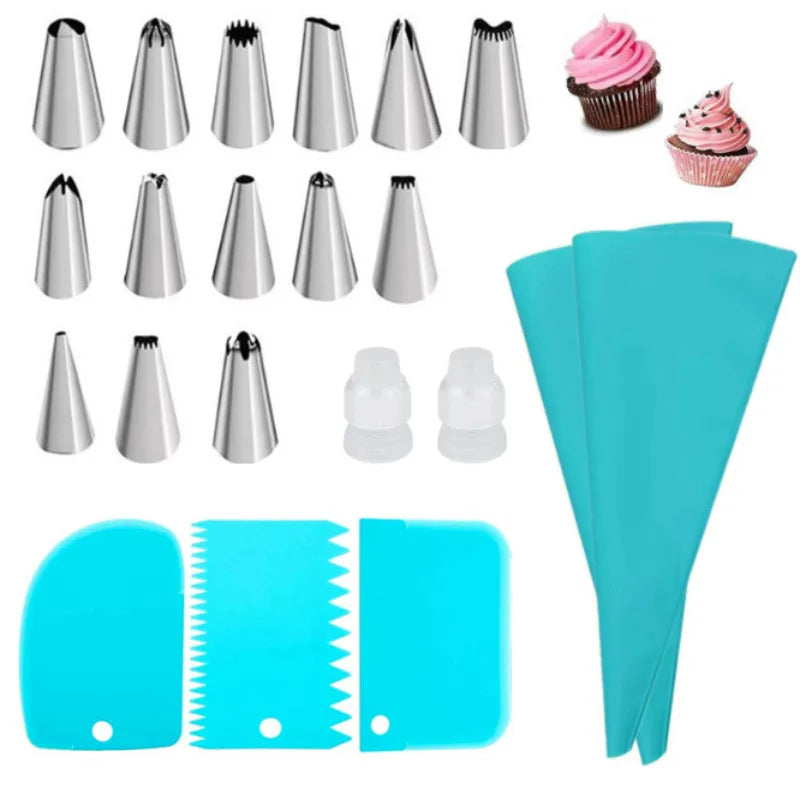 Silicone Piping Bags and Tips Set Cake DIY Decorating Kit with Stainless Steel Nozzle Reusable