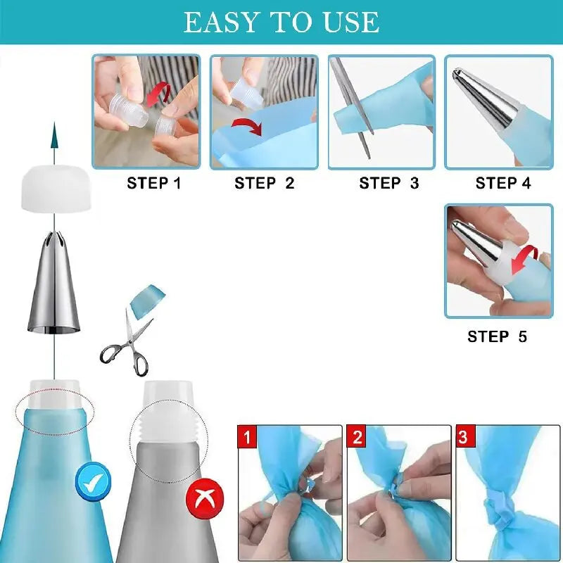 Silicone Piping Bags and Tips Set Cake DIY Decorating Kit with Stainless Steel Nozzle Reusable
