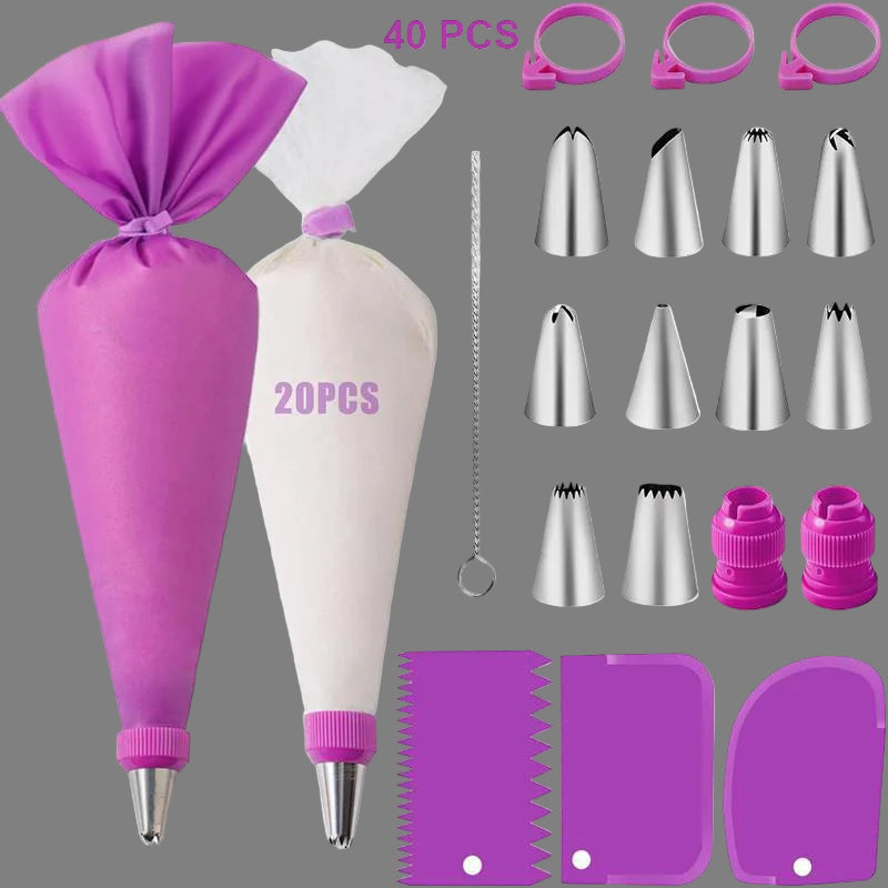 Silicone Piping Bags and Tips Set Cake DIY Decorating Kit with Stainless Steel Nozzle Reusable