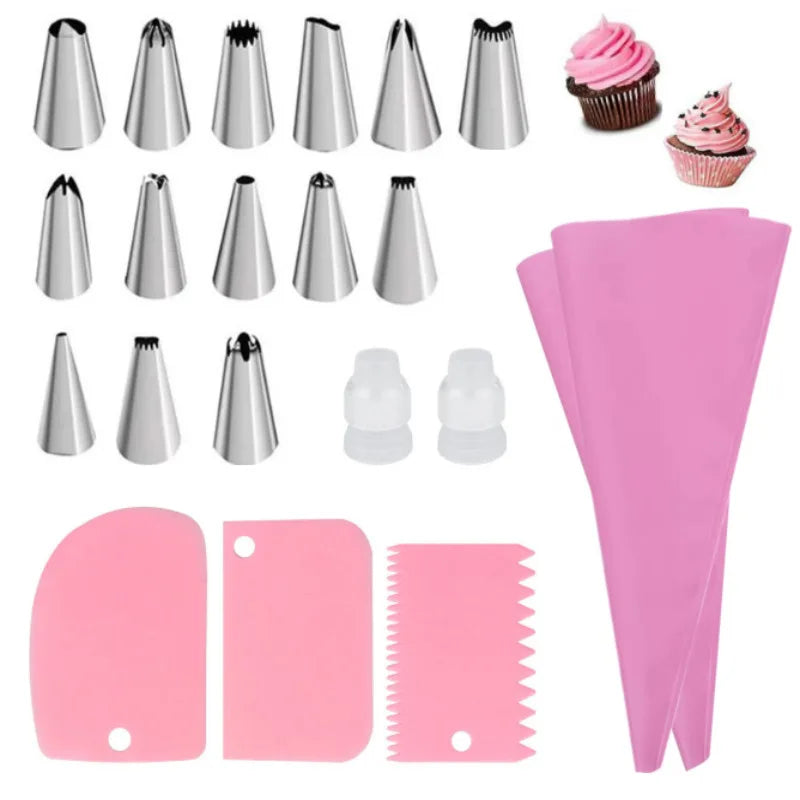 Silicone Piping Bags and Tips Set Cake DIY Decorating Kit with Stainless Steel Nozzle Reusable