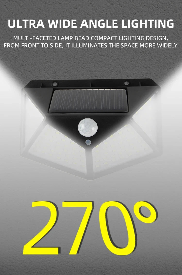 100 LED Solar Lights Outdoor Wall Lamp 3 Modes 270° Lighting Angle IP65 Waterproof Motion Sensor Security Lights Wireless Lights