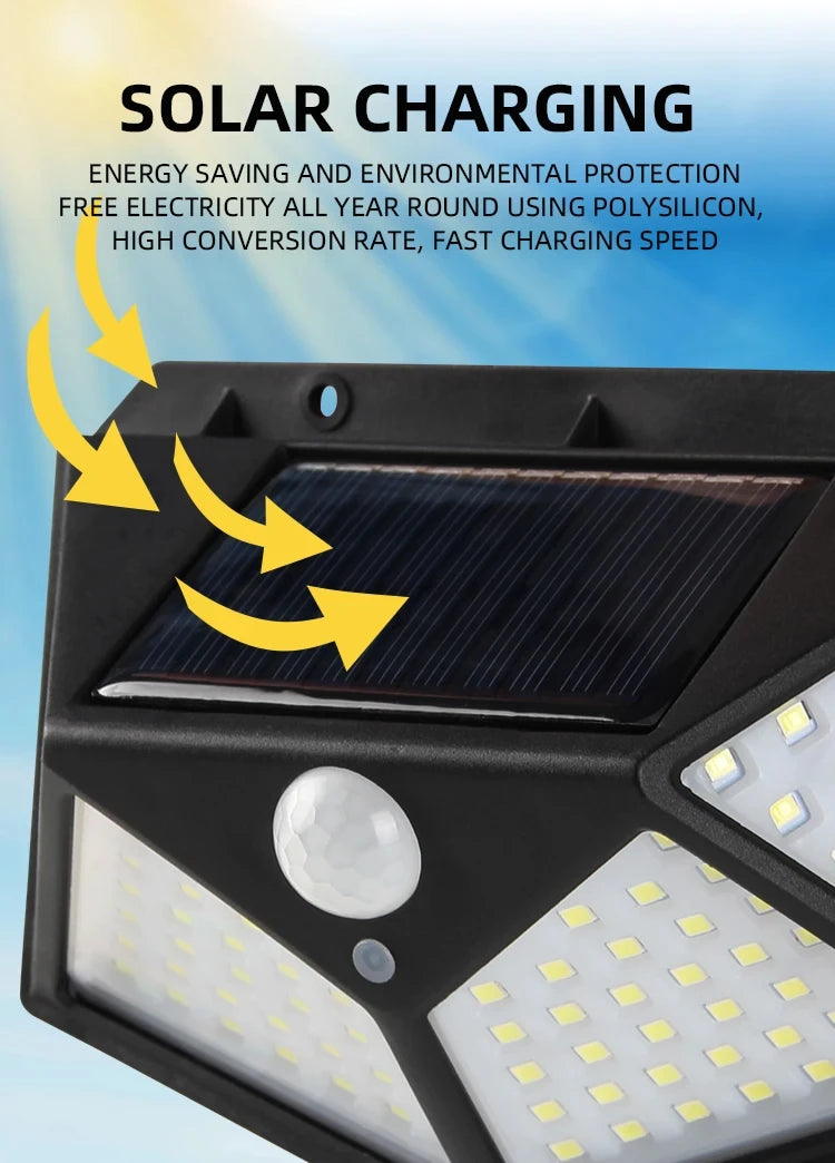 100 LED Solar Lights Outdoor Wall Lamp 3 Modes 270° Lighting Angle IP65 Waterproof Motion Sensor Security Lights Wireless Lights